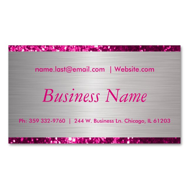 Elegant Hot Pink and Brush Silver Steel Business Card Magnet (Front)
