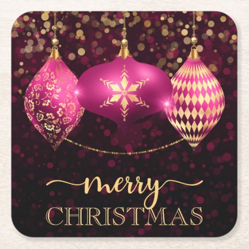 Elegant Hot Pink and Gold Bauble Merry Christmas Square Paper Coaster
