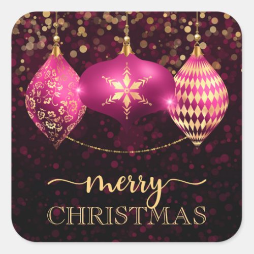 Elegant Hot Pink and Gold Bauble Merry Christmas Square Sticker