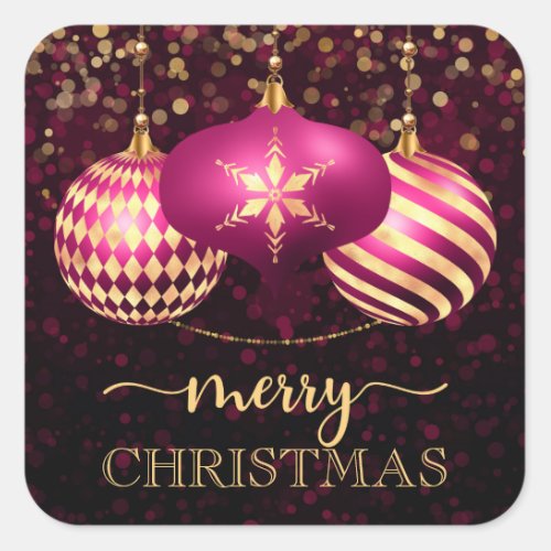 Elegant Hot Pink and Gold Baubles Merry Christmas Square Sticker