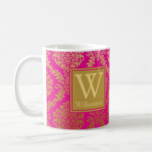 Elegant Hot Pink and Gold Damask Personalized Coffee Mug
