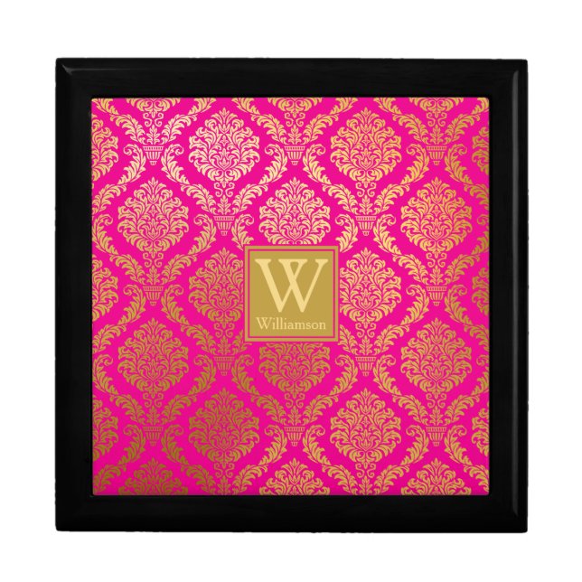 Elegant Hot Pink and Gold Damask Personalized Gift Box (Front)