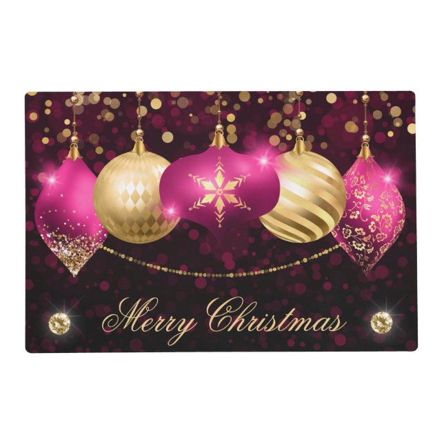 Elegant Hot Pink and Gold Winter Baubles Christmas Placemat (Front)