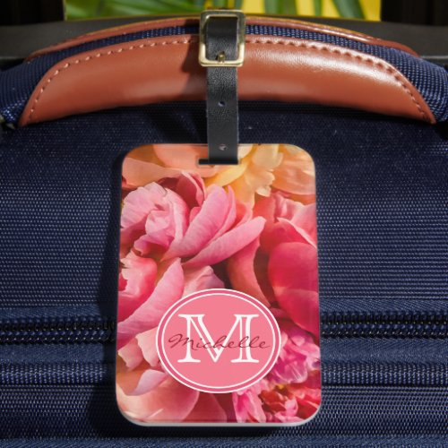 Elegant Hot Pink and Peach Peonies Monogrammed  Luggage Tag