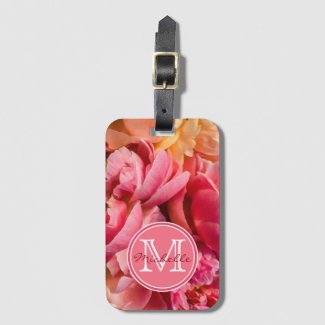 Elegant Hot Pink and Peach Peonies Monogrammed  Luggage Tag