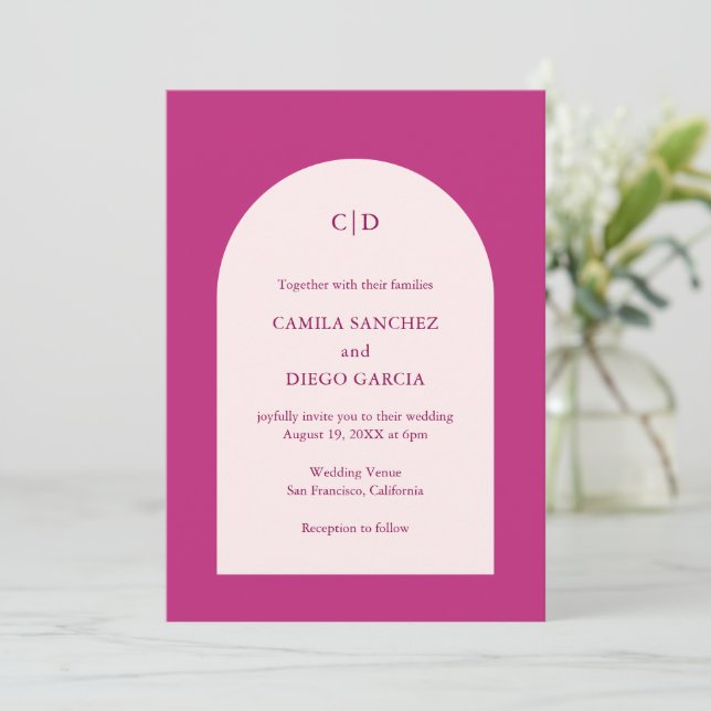 Elegant Hot Pink Arch Modern Wedding Invitation (Standing Front)