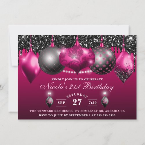 Elegant Hot Pink  black Glitter Baubles Birthday Invitation