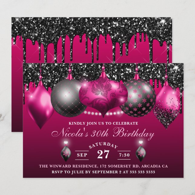 Elegant Hot Pink & black Glitter Baubles Birthday Invitation (Front/Back)