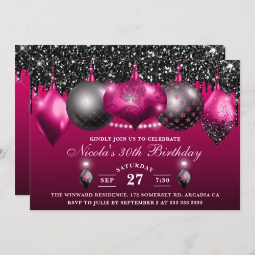 Elegant Hot Pink  black Glitter Baubles Birthday Invitation