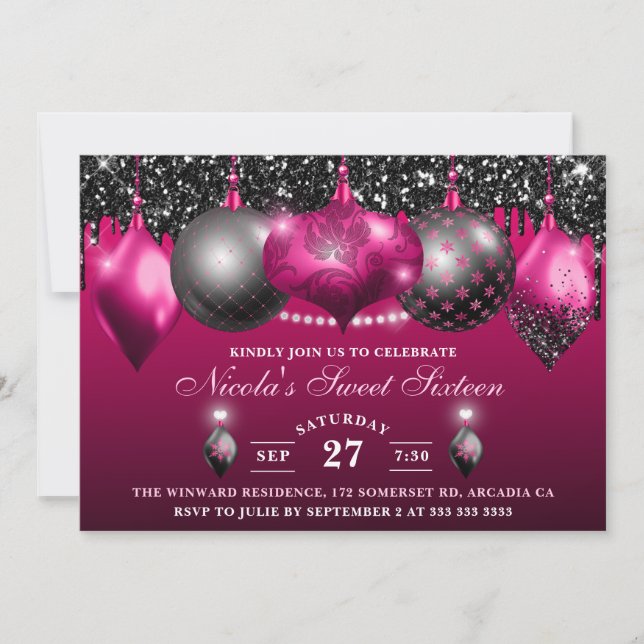 Elegant Hot Pink & black Glitter Baubles Sweet 16 Invitation (Front)