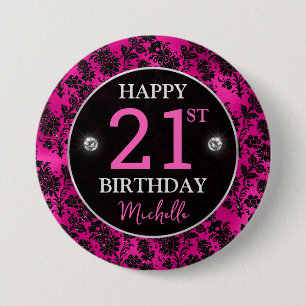 Elegant Hot Pink & Black Glitter Flowers Birthday Button