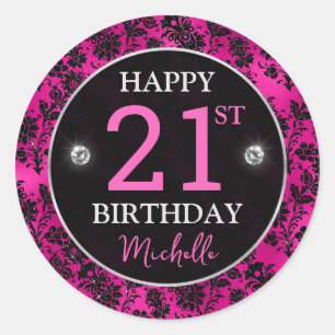 Elegant Hot Pink & Black Glitter Flowers Birthday Classic Round Sticker
