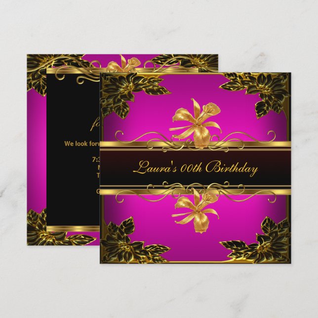 Elegant Hot Pink Black Gold Birthday Party Invitation (Front/Back)