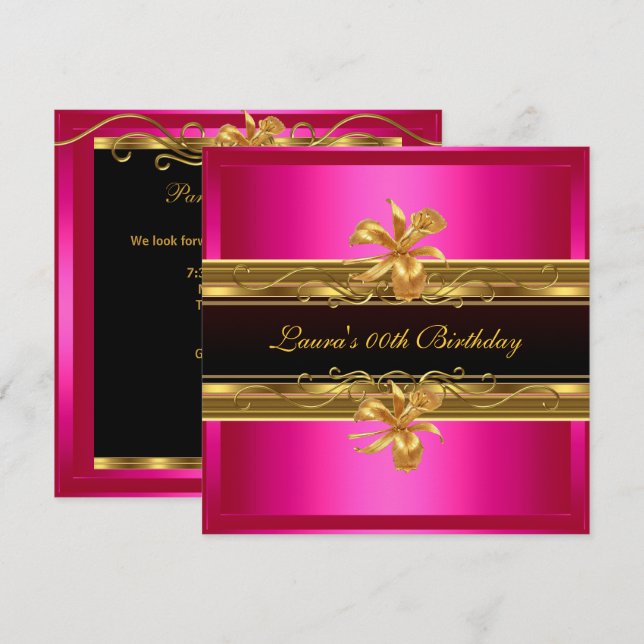 Elegant Hot Pink Black Gold Birthday Party Invitation (Front/Back)