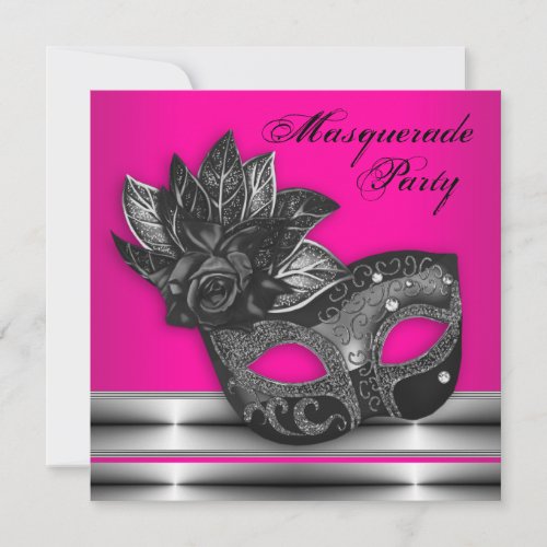 Elegant Hot Pink Black Masquerade Party Invitation