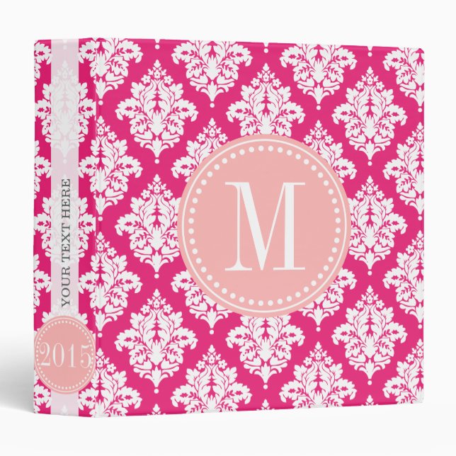 Elegant Hot Pink Damask Personalized 3 Ring Binder (Front/Spine)