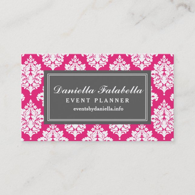 Elegant Hot Pink Damask Personalized Business Card (Front)