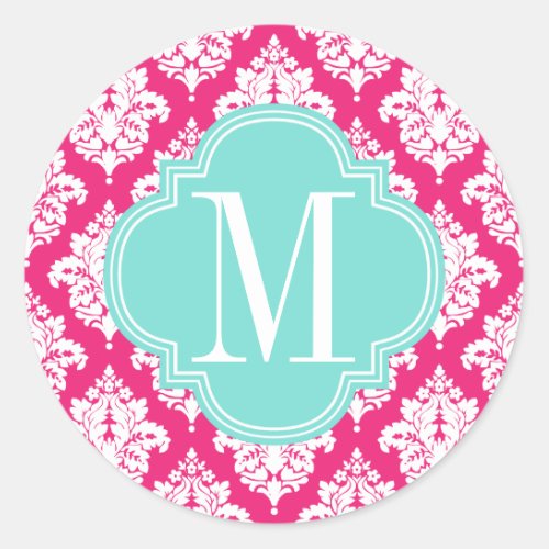 Elegant Hot Pink Damask Personalized Classic Round Sticker