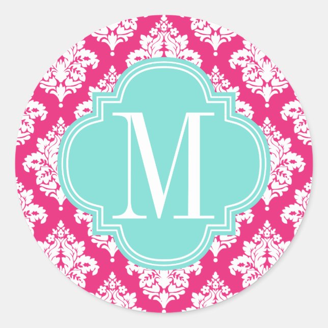Elegant Hot Pink Damask Personalized Classic Round Sticker (Front)