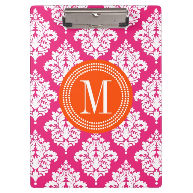 Elegant Hot Pink Damask Personalized Clipboard (Front)