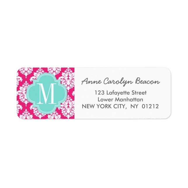 Elegant Hot Pink Damask Personalized Label (Front)