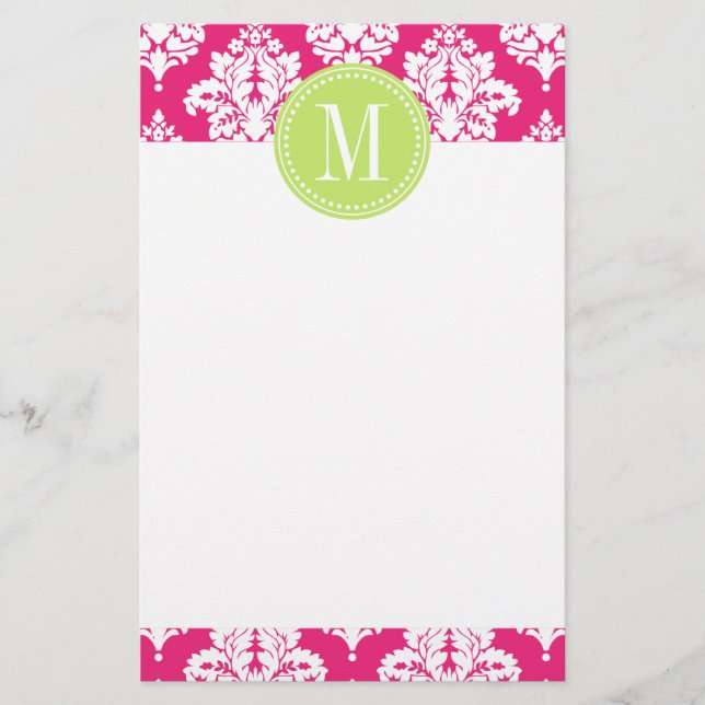 Elegant Hot Pink Damask Personalized Stationery (Front)