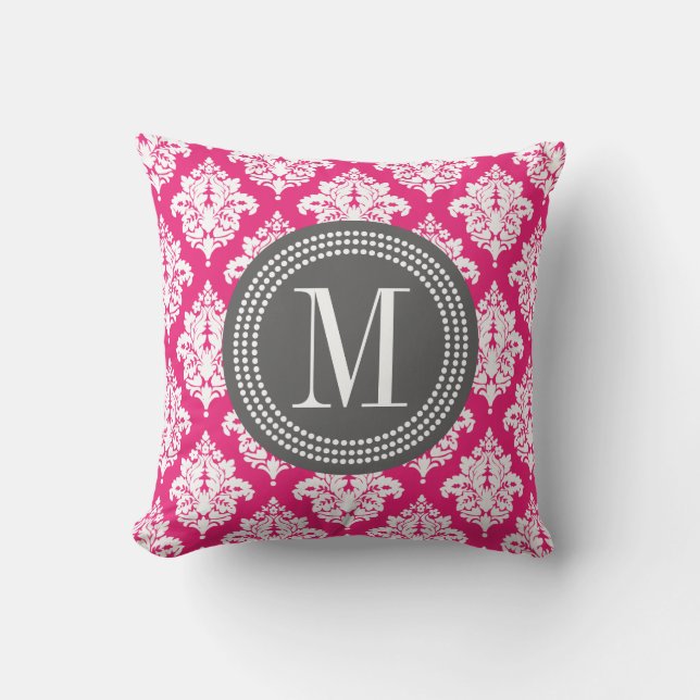 Elegant Hot Pink Damask Personalized Throw Pillow (Front)