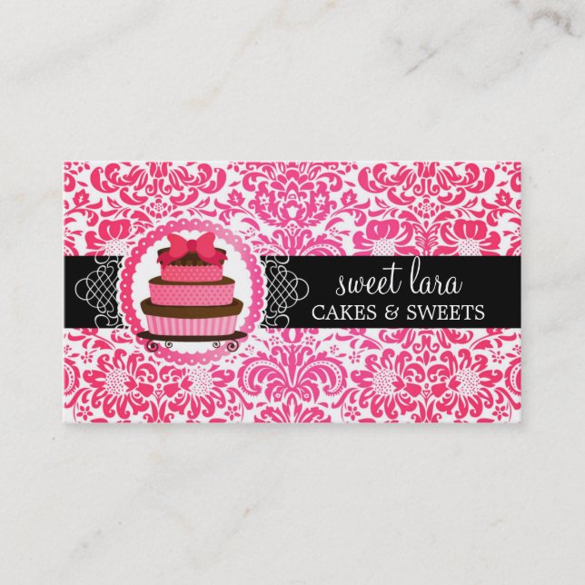 Elegant Hot Pink Damask Pink Cake Diamond Bakery Business Card (Front)