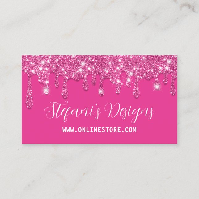 Elegant Hot Pink Faux glitter Drips Online Store Business Card (Front)