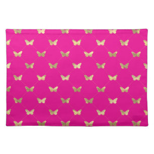 Elegant Hot Pink Faux Gold Butterfly Pattern Cloth Placemat
