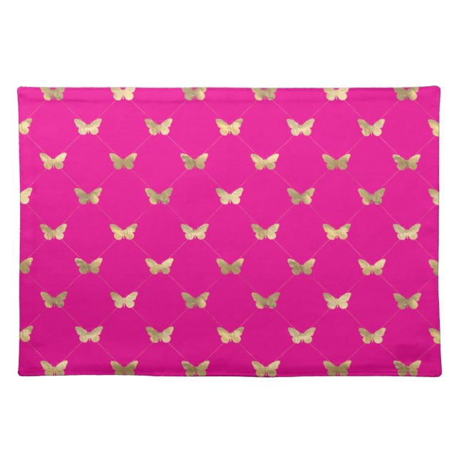 Elegant Hot Pink Faux Gold Butterfly Pattern Cloth Placemat (Front)