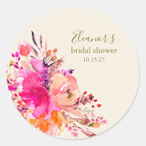 Elegant Hot Pink Floral Bridal Shower Custom Classic Round Sticker