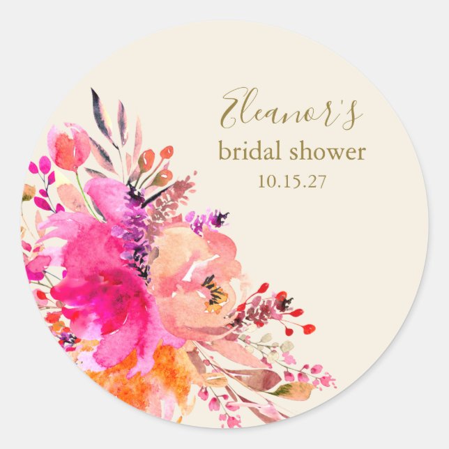 Elegant Hot Pink Floral Bridal Shower Custom Classic Round Sticker (Front)
