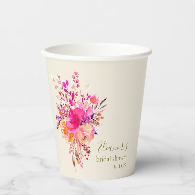 Elegant Hot Pink Floral Bridal Shower Custom Paper Cups (Front)
