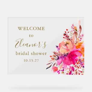 Elegant Hot Pink Floral Bridal Shower Welcome Acrylic Sign
