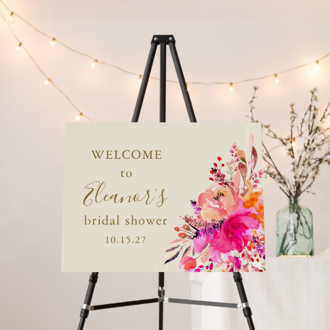 Elegant Hot Pink Floral Bridal Shower Welcome Sign (In Situ (Stand))
