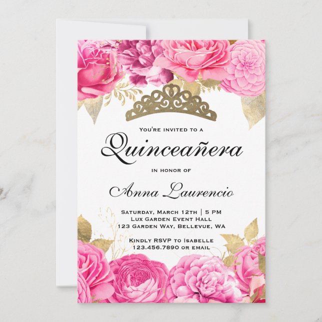 Elegant Hot Pink Floral Quinceanera Invitation (Front)