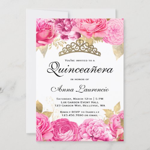Elegant Hot Pink Floral Quinceanera Invitation