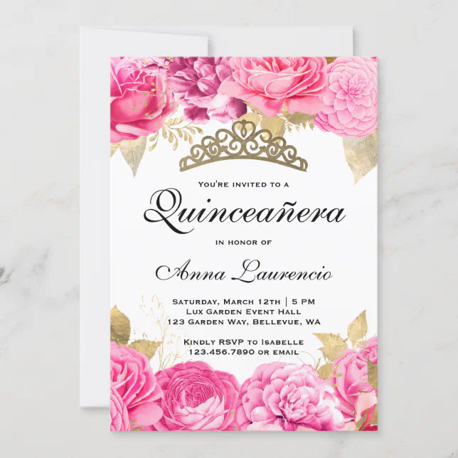 Elegant Hot Pink Floral Quinceanera Invitation | Zazzle