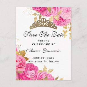 Elegant Hot Pink Floral Quinceanera Save The Date Postcard