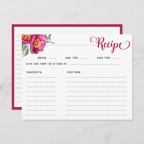 Elegant Hot Pink Floral Recipe Bridal Shower  Enclosure Card