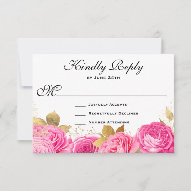 Elegant Hot Pink Floral Roses RSVP Card (Front)
