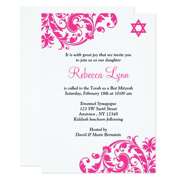 Elegant Hot Pink Flourish Bat Mitzvah Invitation