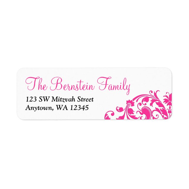 Elegant Hot Pink Flourish Bat Mitzvah Label (Front)
