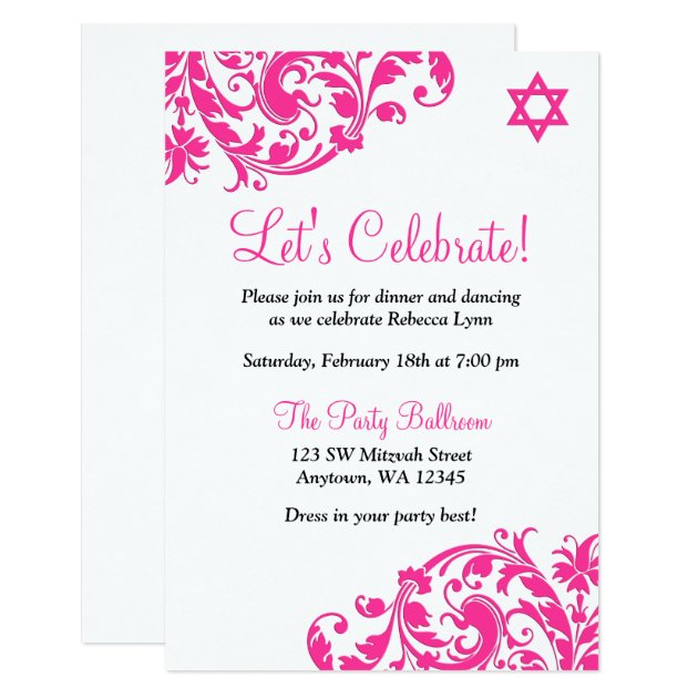 Elegant Hot Pink Flourish Bat Mitzvah Reception Card