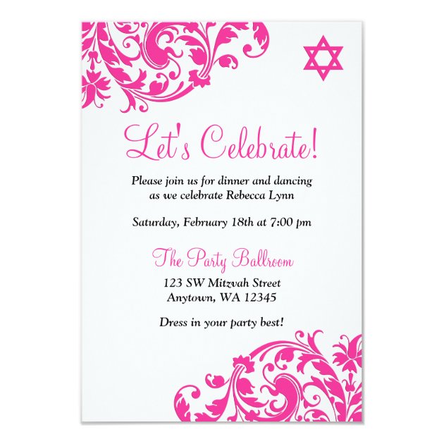 Elegant Hot Pink Flourish Bat Mitzvah Reception Card