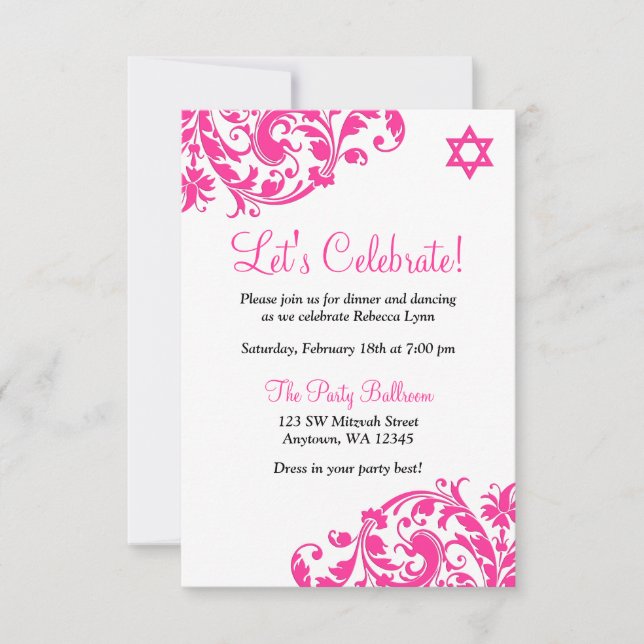 Elegant Hot Pink Flourish Bat Mitzvah Reception Invitation (Front)