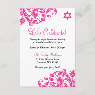 Elegant Hot Pink Flourish Bat Mitzvah Reception Invitation