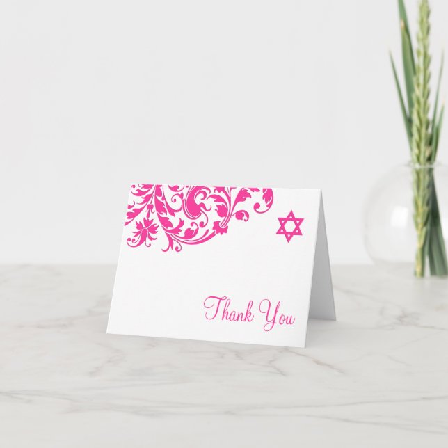 Elegant Hot Pink Flourish Bat Mitzvah Thank You (Front)