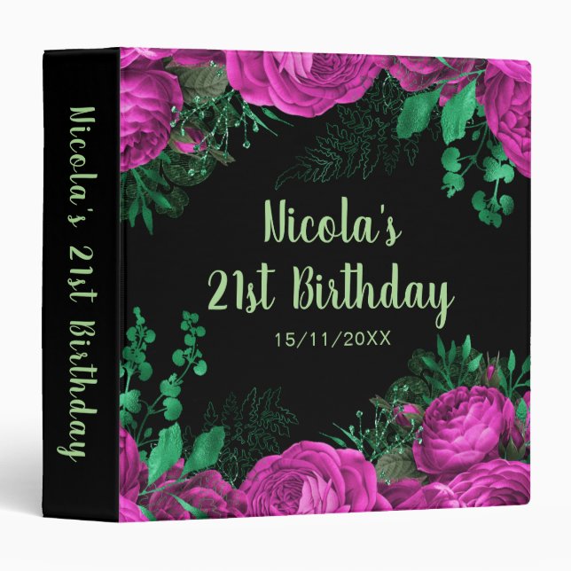 Elegant Hot Pink Flowers Birthday Party 3 Ring Binder (Front/Spine)